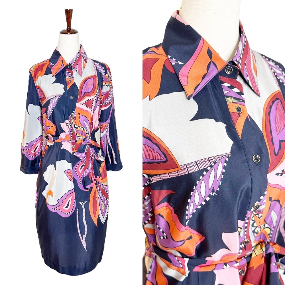 Beth Bowley NWOT Mod Paisley Silk Belted Shirt Dress Size 8